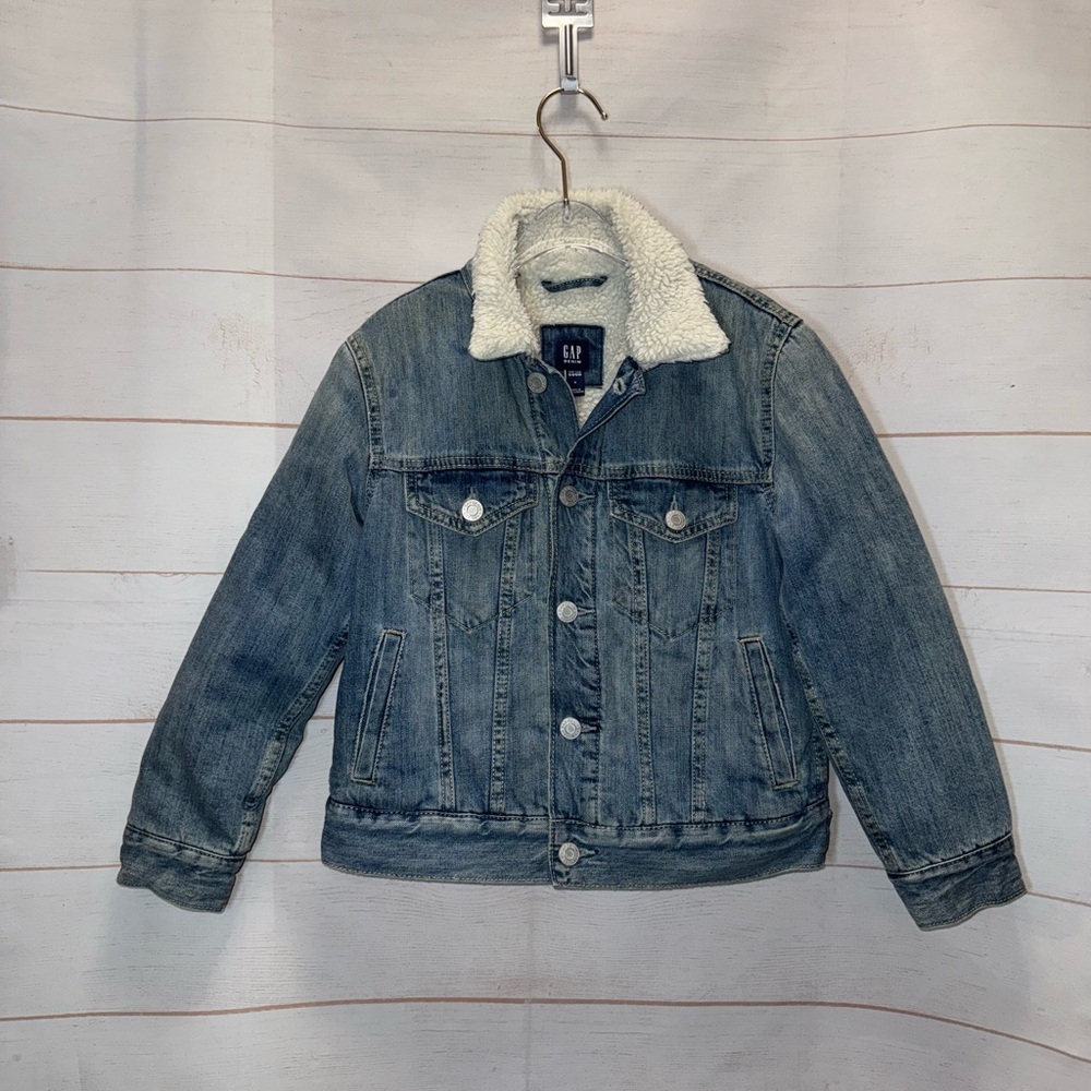 GAP Blue Denim Jacket with White Sherpa Collar Size Small